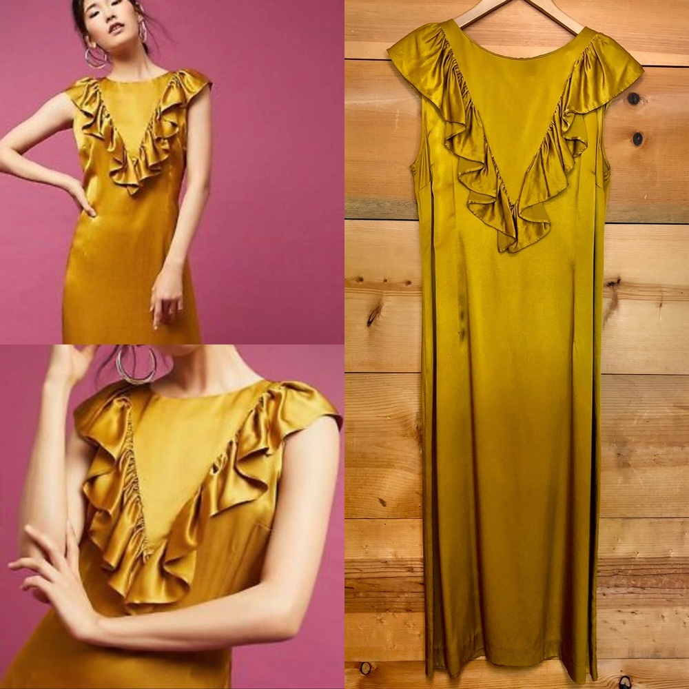 Seen Worn Kept gold silky ruffle sleeveless dress